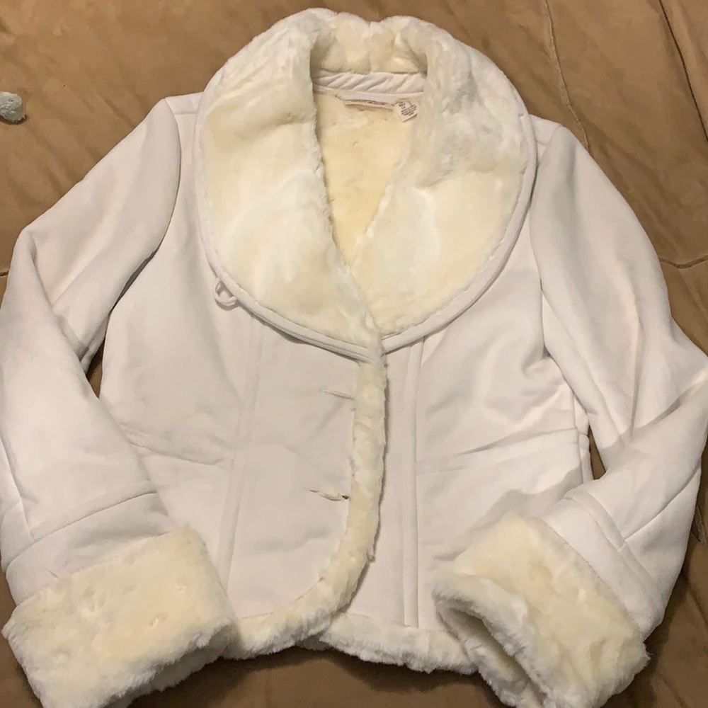 White DKNY faux suede and fur coat